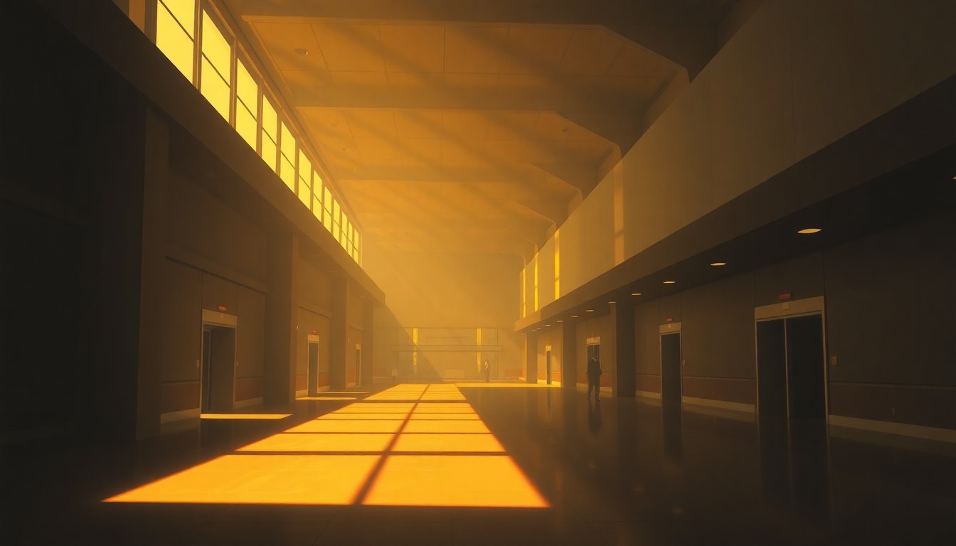 A serene, cinematic painting depicting the interior of an empty convention center lobby, with warm sunlight streaming in through large windows and deep shadows cast across the space, conveying a sense of quiet contemplation about the future of this public investment.