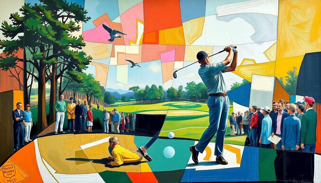 A cubist, geometric painting depicting a fragmented, multi-angled view of a golfer's swing or a Masters tournament scene, with sharp planes of color and form conveying the energy and complexity of the sport.