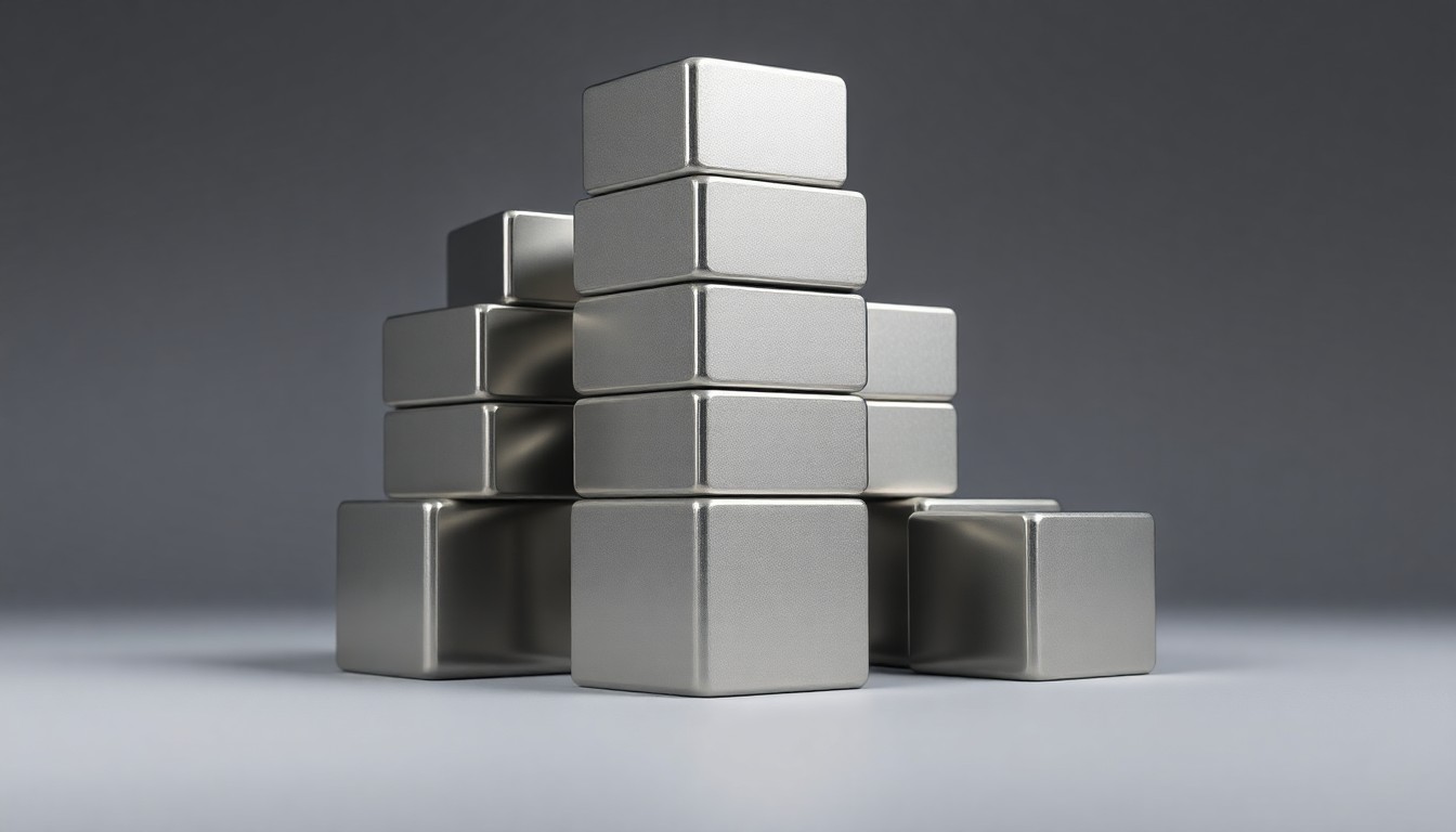 A minimalist studio still life featuring a stack of polished metal cubes in shades of silver and gray, symbolizing the strength and stability of Alphabet's financial performance.