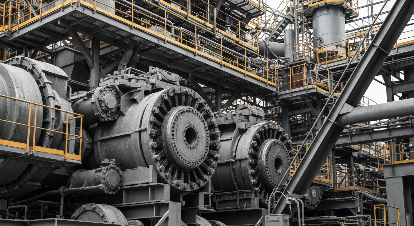An extreme close-up of the gears, valves, and other heavy industrial components that make up the machinery used in rare earth element processing, conveying the scale, complexity, and importance of this emerging sector.