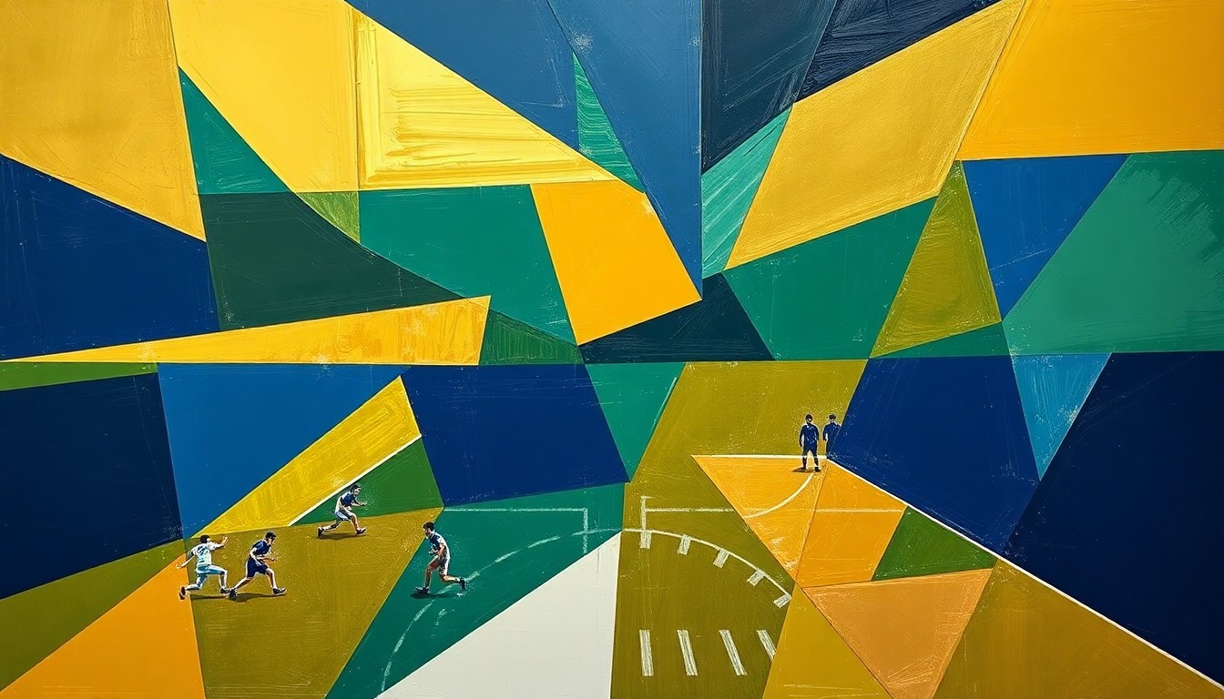 A fractured, multi-perspective painting in the style of Pablo Picasso, breaking down a high school football game into sharp, overlapping geometric planes in a palette of navy blue, forest green, and gold, conveying the strategic complexity and dynamic energy of the sport.
