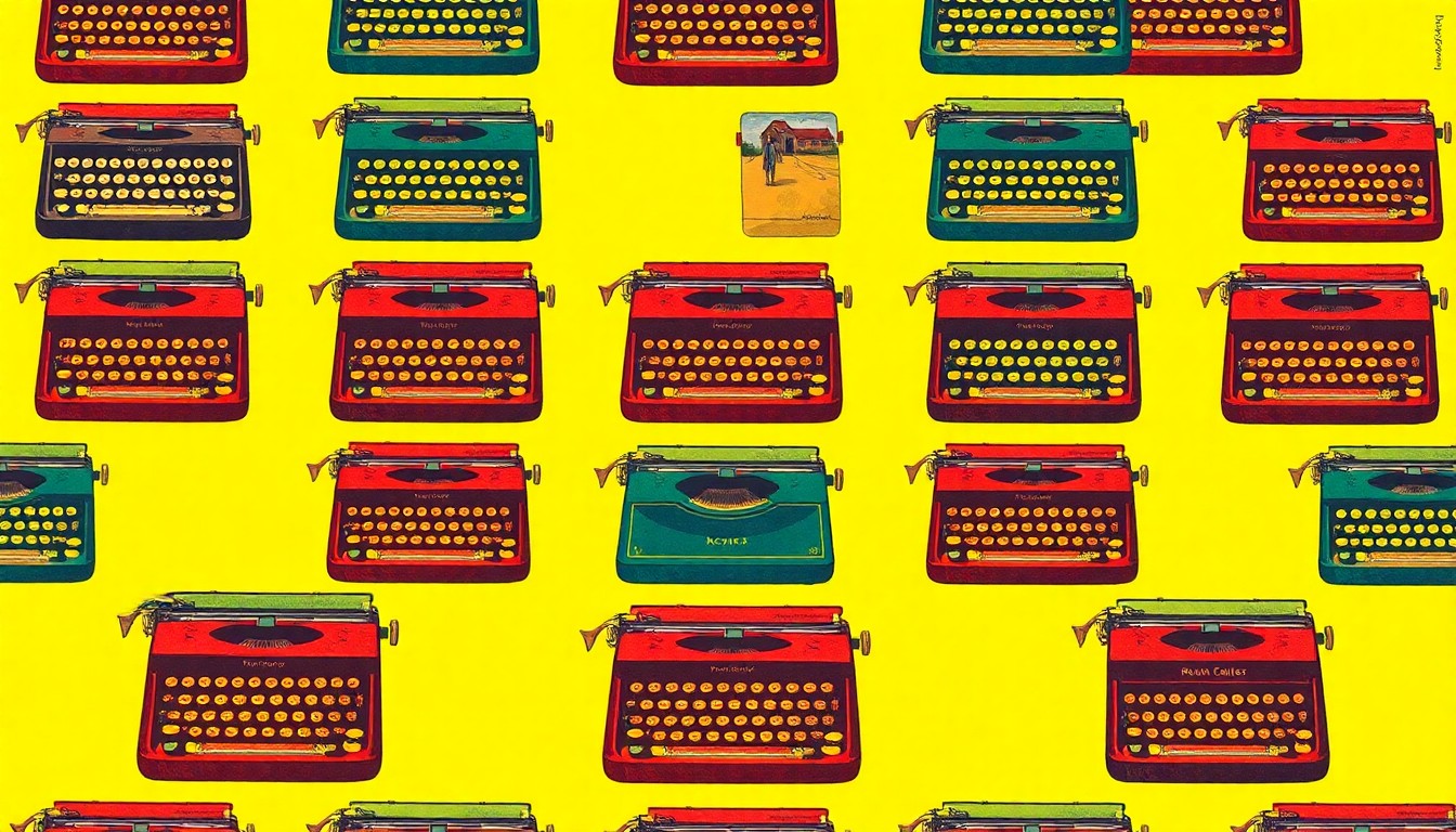 A vibrant, pop art-inspired grid of stylized typewriter icons in shades of blue, green, and orange, conceptually representing the literary legacy of author Marjorie Kinnan Rawlings.