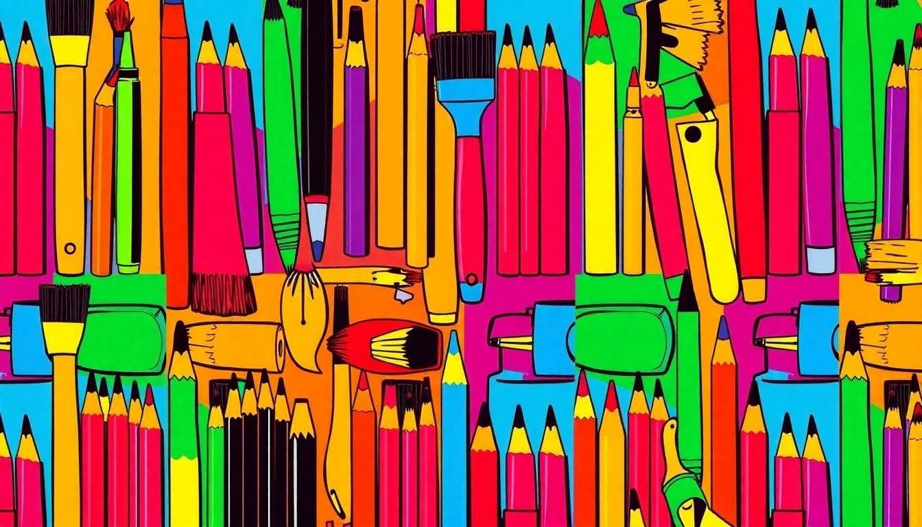 A brightly colored, high-contrast silkscreen print of various art supplies like paintbrushes and colored pencils repeated in a tight grid pattern, conceptually representing the Matisse Foundation's commitment to arts education.