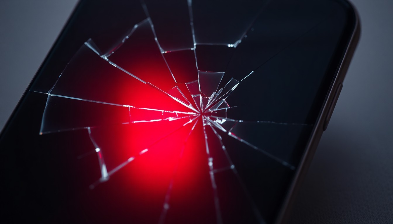 An extreme close-up of a shattered smartphone screen, the cracked glass reflecting a dim, red light, conceptually illustrating the violent robbery and kidnapping that took place at the Dallas recording studio.