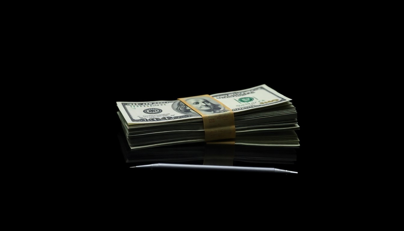 An extreme close-up of a stack of cash and a pen against a pitch-black background, lit by a harsh, direct camera flash, conceptually representing the physical evidence in an embezzlement case against a suspended attorney.