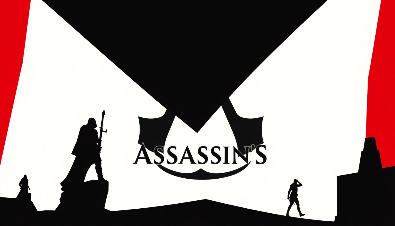 A striking black silhouette of the iconic Assassin's Creed logo, composed of bold, angular geometric shapes against a high-contrast red background, conceptually representing the free availability of multiple games in the series.