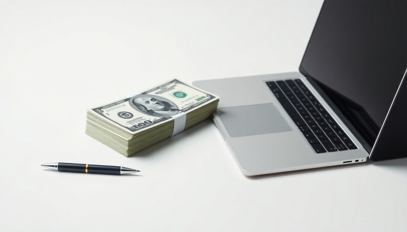 A high-end, photorealistic studio still-life featuring a stack of crisp dollar bills, a modern pen, and a sleek laptop computer, symbolizing the financial backing and strategic vision behind a successful venture capital firm.