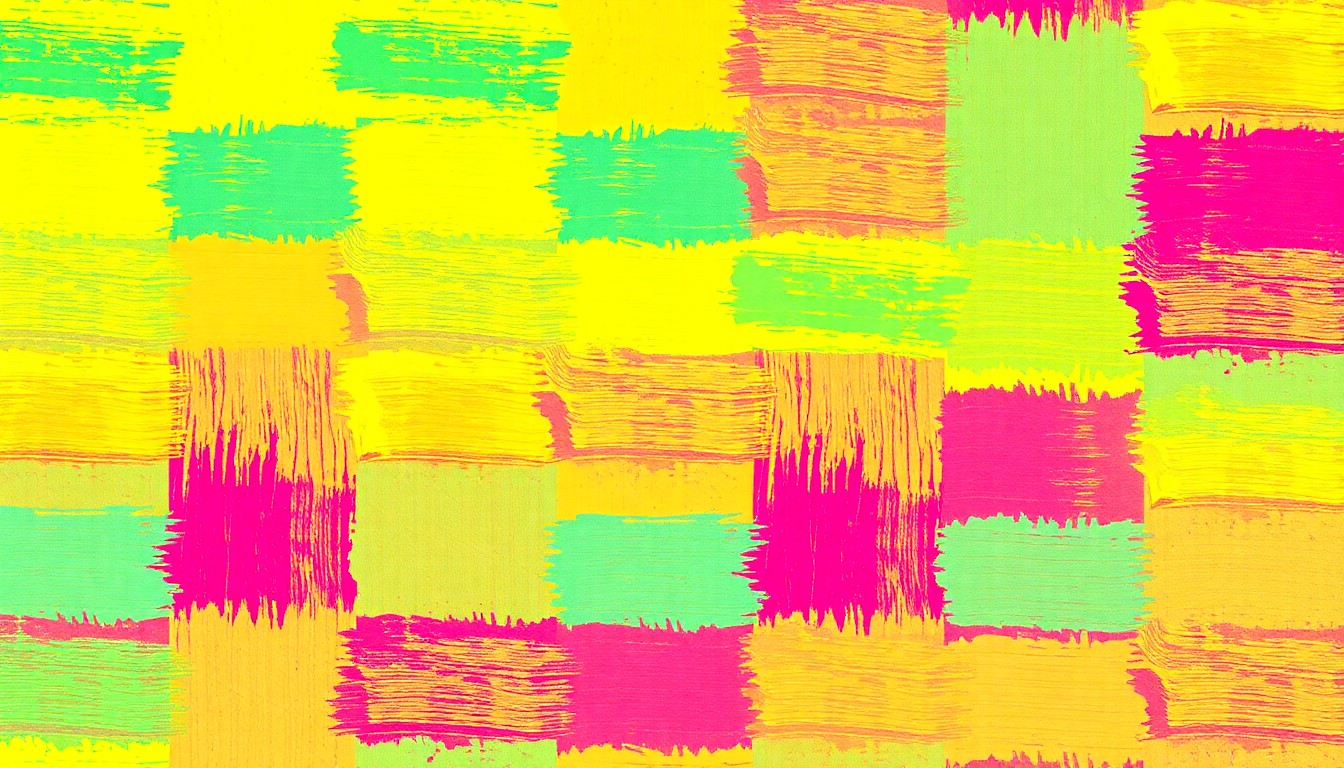 A bold, abstract silkscreen print featuring a repeating grid of vibrant paint brushstrokes in shades of turquoise, fuchsia, and yellow, conceptually representing the energy and diversity of Austin's thriving art community.