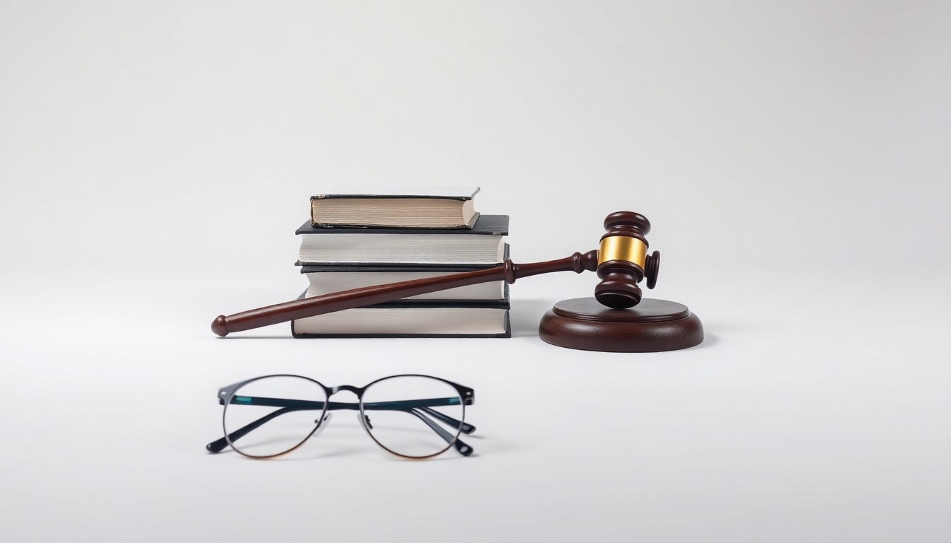 A minimalist studio still life featuring a stack of law books, a gavel, and a pair of reading glasses, conceptually representing the legal expertise and professional accolades earned by the ONDA law firm.