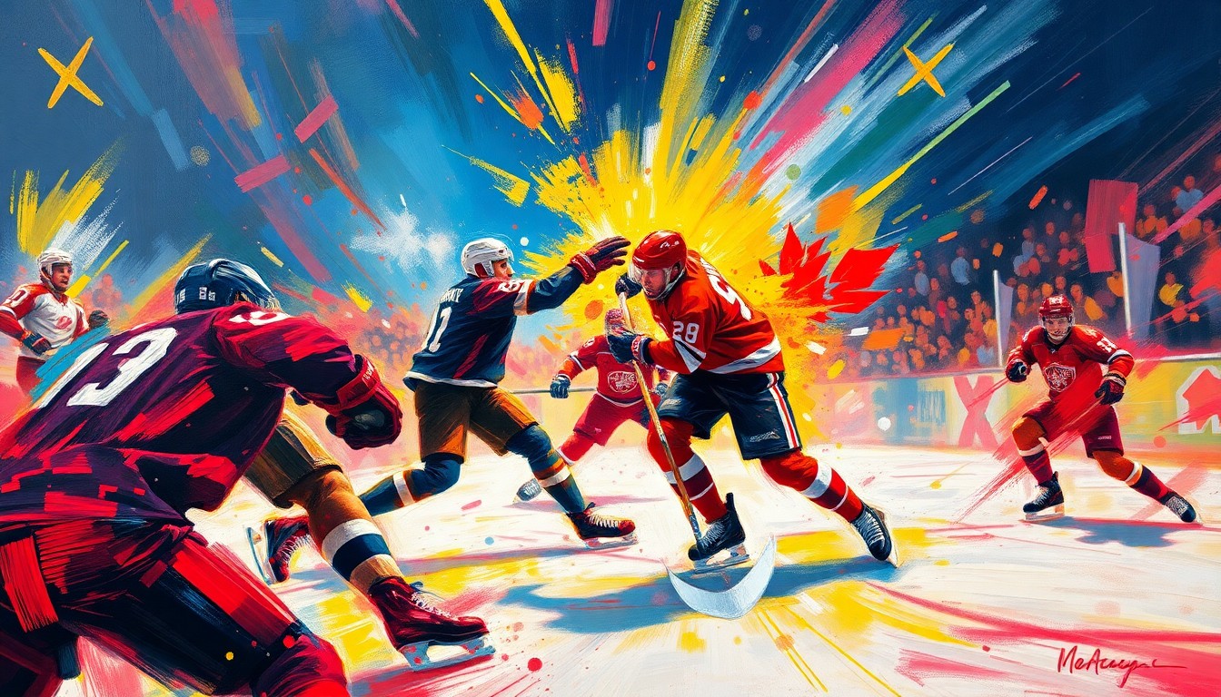 An abstract, expressionist painting in vibrant neon colors, with blurred, overlapping figures representing the intensity of a hockey fight, conveying the emotional impact of the Sabres' injury loss.