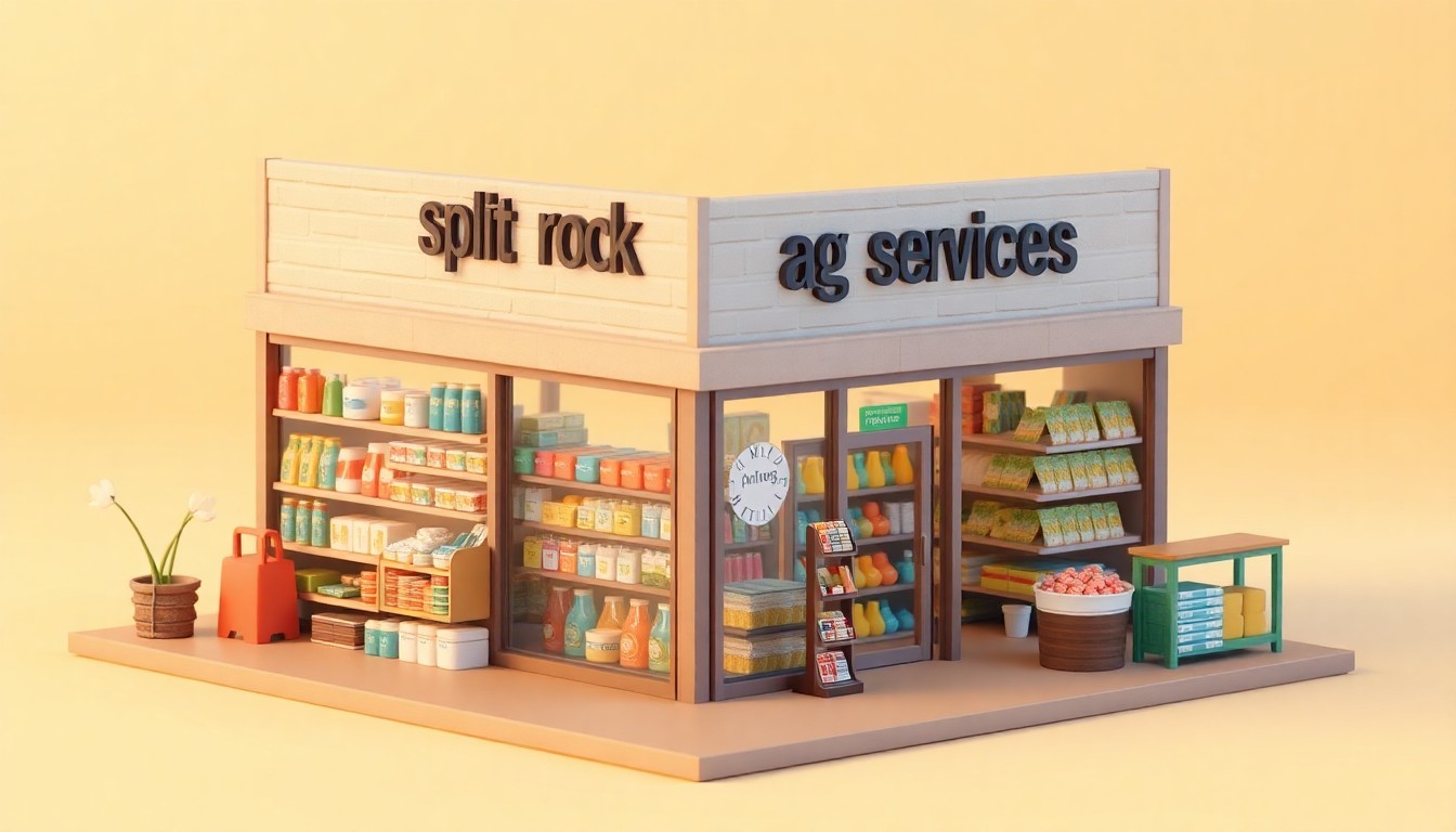A miniature, stylized 3D illustration of the Split Rock Ag Services storefront, featuring shelves stocked with various home and farm supplies in a clean, modern diorama style.