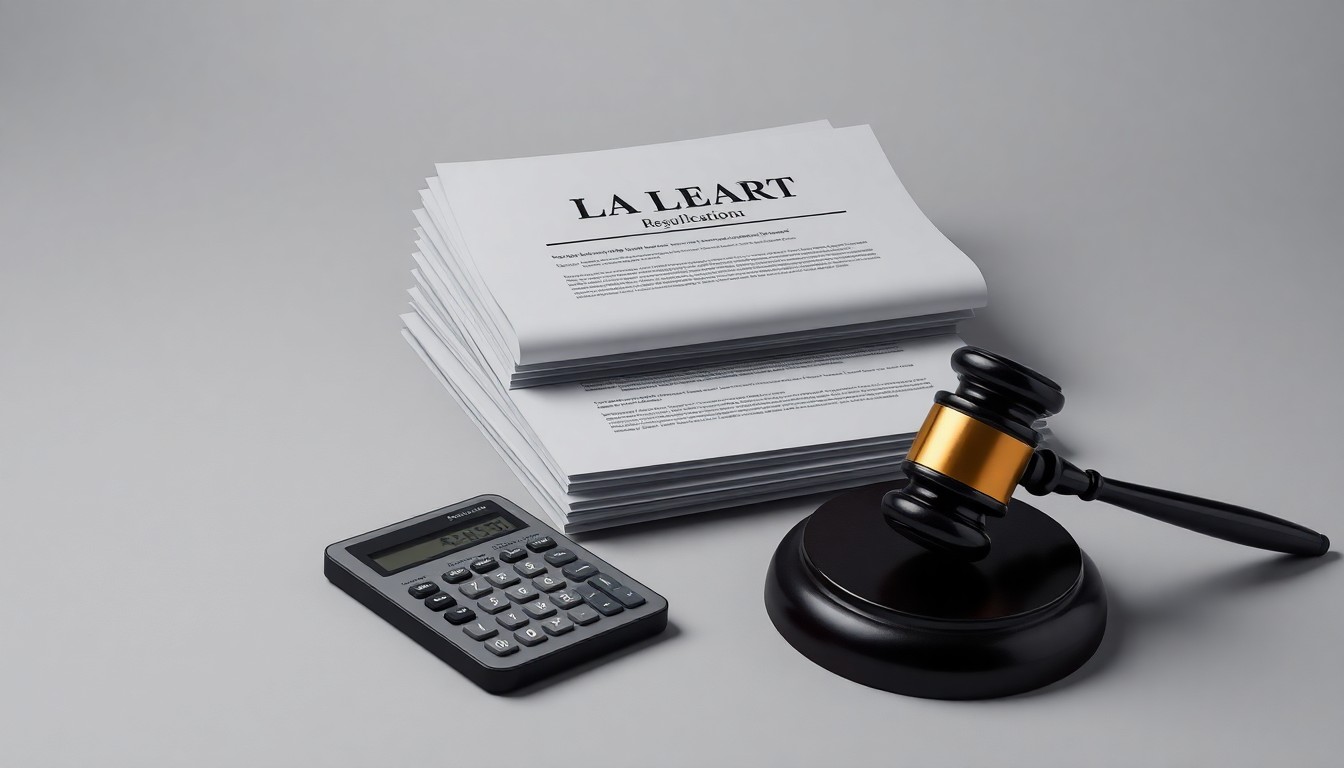 A photorealistic studio still life featuring a stack of legal documents, a calculator, and a gavel on a clean, monochromatic background, conceptually representing the abstract themes of corporate litigation, financial markets, and regulatory oversight.
