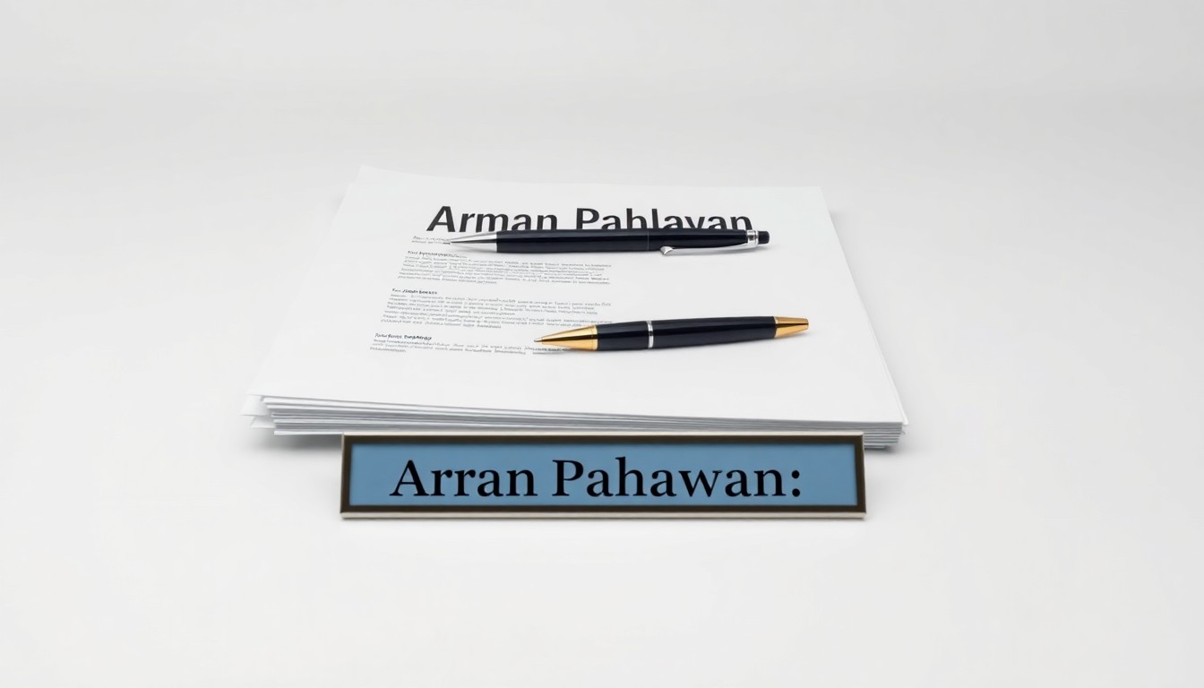 A high-end, photorealistic studio still-life photograph featuring a stack of legal documents, a pen, and a nameplate with the text 'Arman Pahlavan' on a clean, monochromatic background, conceptually representing the corporate legal expertise Pahlavan brings to Dorsey & Whitney.