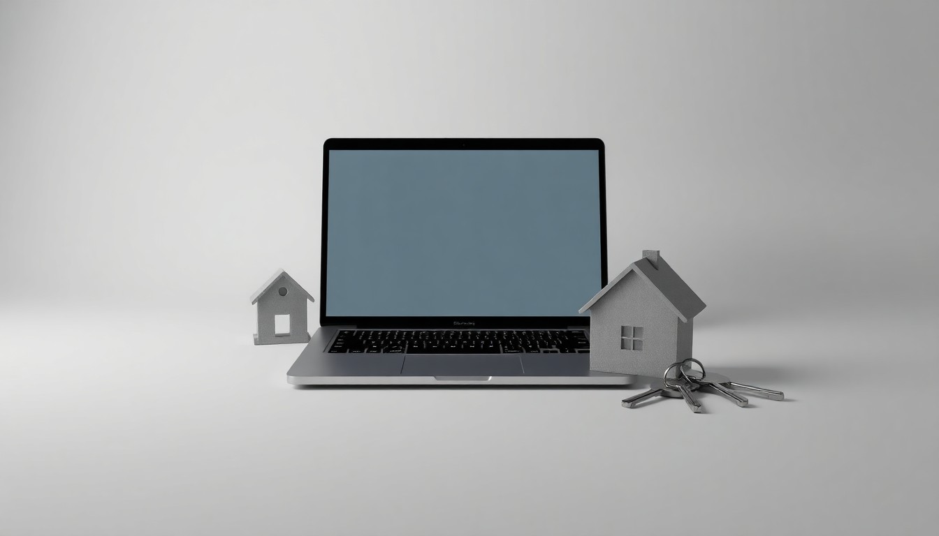 A minimalist studio still life featuring a sleek laptop, a stylized house-shaped paperweight, and a set of keys, symbolizing the intersection of technology and real estate growth.