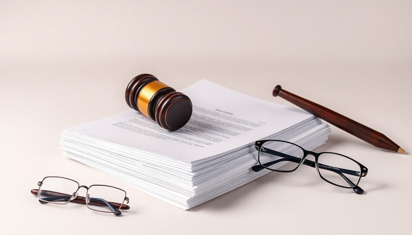 A photorealistic studio still life featuring a stack of legal documents, a gavel, and a pair of reading glasses on a clean, monochromatic background, conceptually representing the serious legal process surrounding the investigation into New Era Energy & Digital.