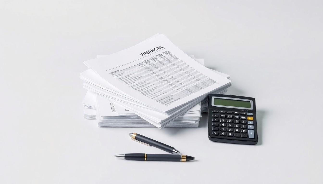 A minimalist studio still life featuring a stack of financial reports, a pen, and a calculator arranged on a clean, monochromatic background, conceptually representing the careful financial oversight and strategic planning that will guide Driscoll's future growth.