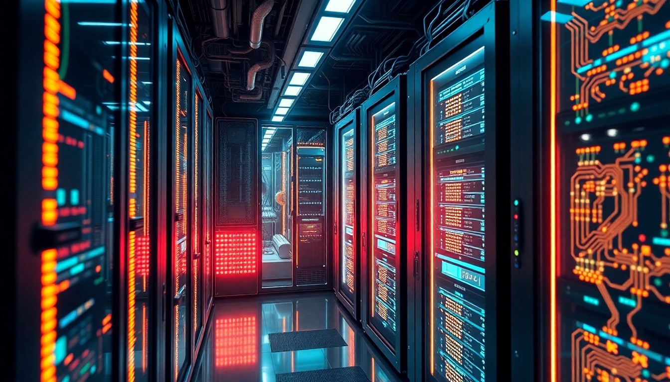 A highly detailed, glowing 3D illustration of a futuristic datacenter server rack, with intricate circuits and neon-lit components, conceptually representing the advanced technology behind modern data processing.
