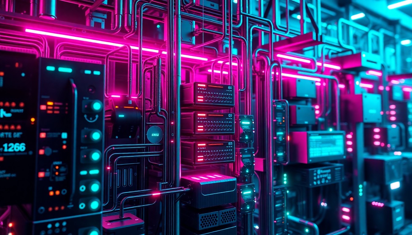 A highly detailed, glowing 3D illustration of a complex data infrastructure system, with neon cyan and magenta lights illuminating the various interconnected components, conceptually representing the advanced, intelligent automation powering Anomalo's data management platform.