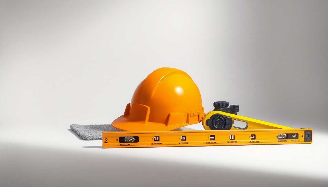 A photorealistic studio still-life photograph featuring a selection of premium, polished construction materials and tools, such as a resilient flooring sample, a hardhat, and a level, arranged elegantly on a clean, monochromatic background, conceptually representing the abstract ideas of military infrastructure and sustainable construction.