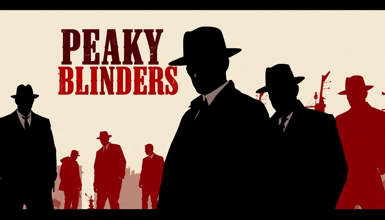 An abstract, minimalist illustration featuring overlapping black silhouettes and bold splashes of red, conceptually representing the gritty, high-stakes world of the Peaky Blinders crime drama.