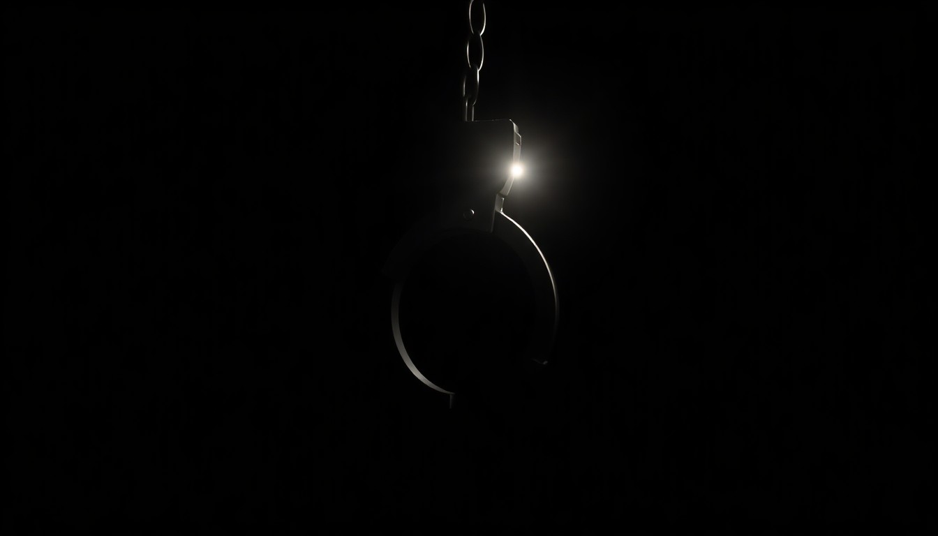 An extreme close-up photograph of a single handcuff, with the metal surface and texture clearly visible, lit by a harsh, direct camera flash against a pitch-black background, creating a stark, gritty, investigative aesthetic.