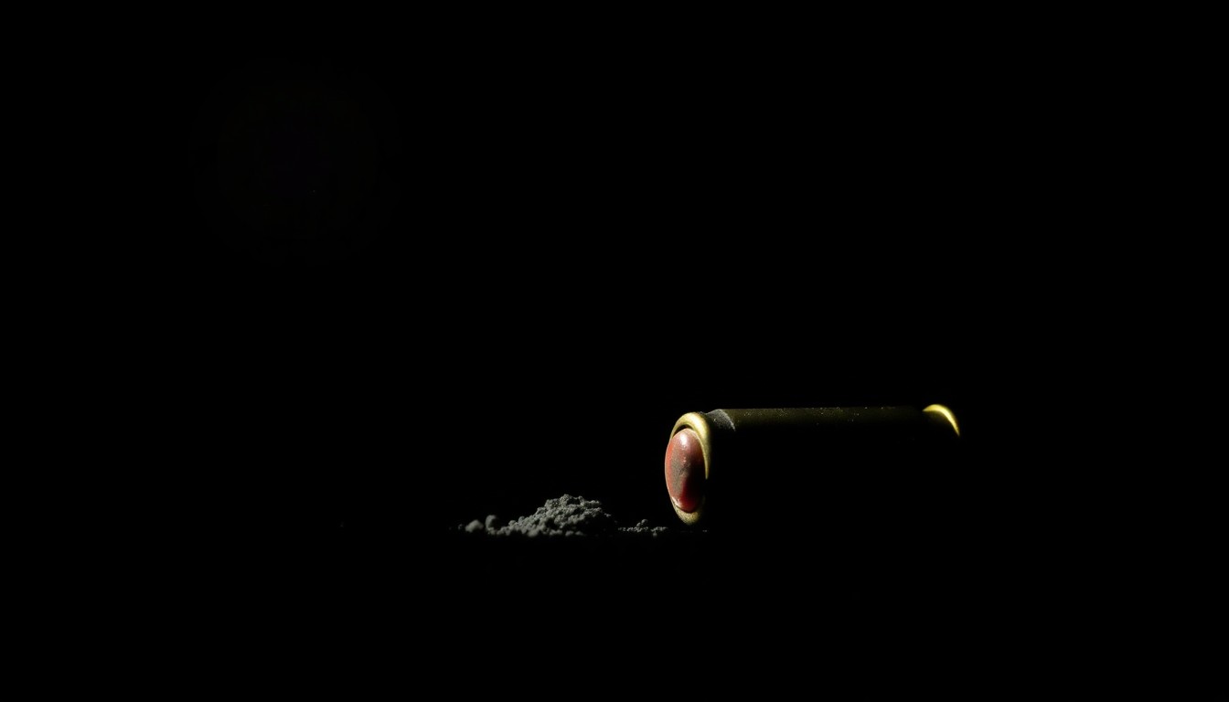 An extreme close-up photograph of a bullet casing or other physical evidence from the crime scene, lit by a harsh, direct camera flash against a pitch-black background, creating a stark, gritty, investigative aesthetic.