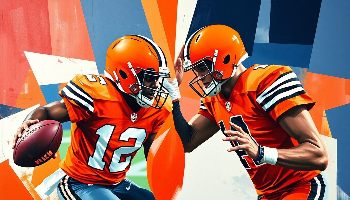 A fractured, cubist-style painting featuring overlapping geometric shapes and planes in shades of orange, blue, and white, conceptually representing the on-field connection and chemistry between Cleveland Browns quarterback Deshaun Watson and wide receiver Jerry Jeudy.