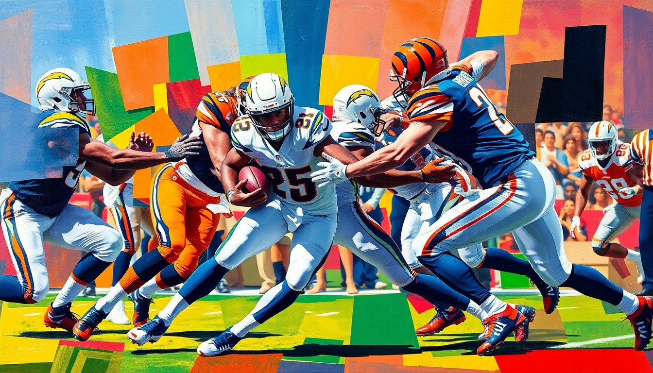 A fragmented, cubist-style painting depicting a football player in motion, with sharp geometric shapes and planes of blue, yellow, and orange representing the Chargers and Bengals uniforms. The image conveys a sense of defensive action and transition.