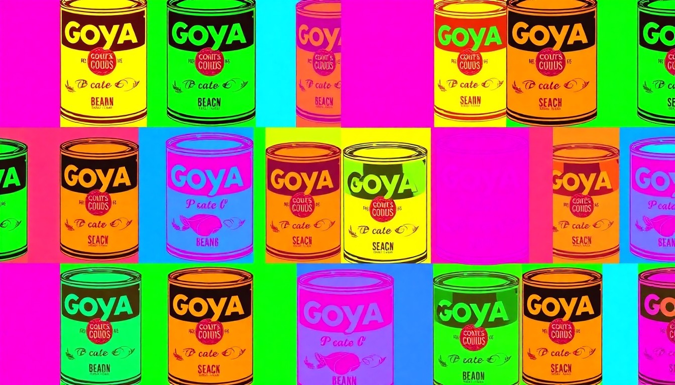 A brightly colored, high-contrast silkscreen print of a Goya Foods product, such as a can of beans or a jar of sauce, repeated in a tight grid pattern, capturing the celebratory and impactful nature of the food distribution partnership.