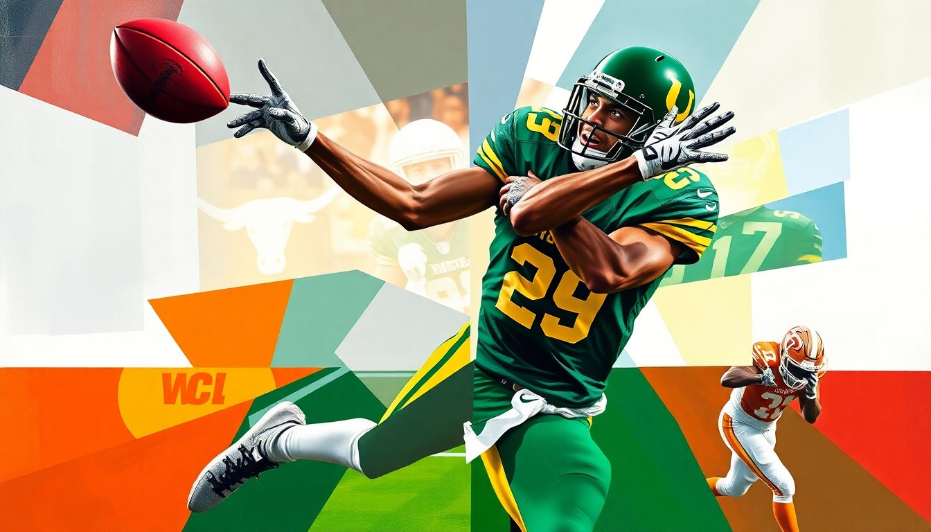A cubist-style painting depicting a college football wide receiver making a catch, with the player's body and the ball broken down into sharp, overlapping geometric shapes in the colors of the Oregon Ducks and Texas Longhorns uniforms.