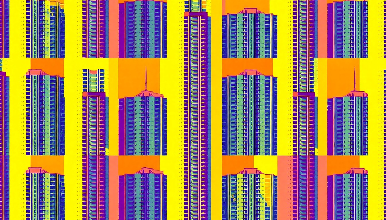 A vibrant, silkscreen-style illustration featuring a repeated image of a sleek, modern high-rise tower in shades of neon pink, blue, and yellow, conceptually representing the luxury and exclusivity of the 262 Fifth Avenue condominium project.