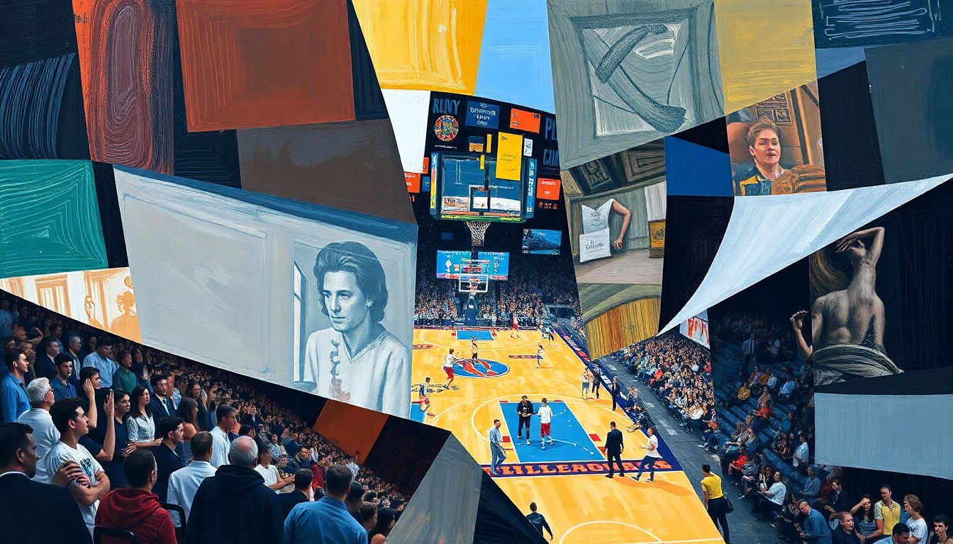 A cubist, geometric illustration depicting the action of a college basketball or football game, with players and the playing field broken down into sharp, overlapping shapes and planes of color, conveying the energy and intensity of the sport.