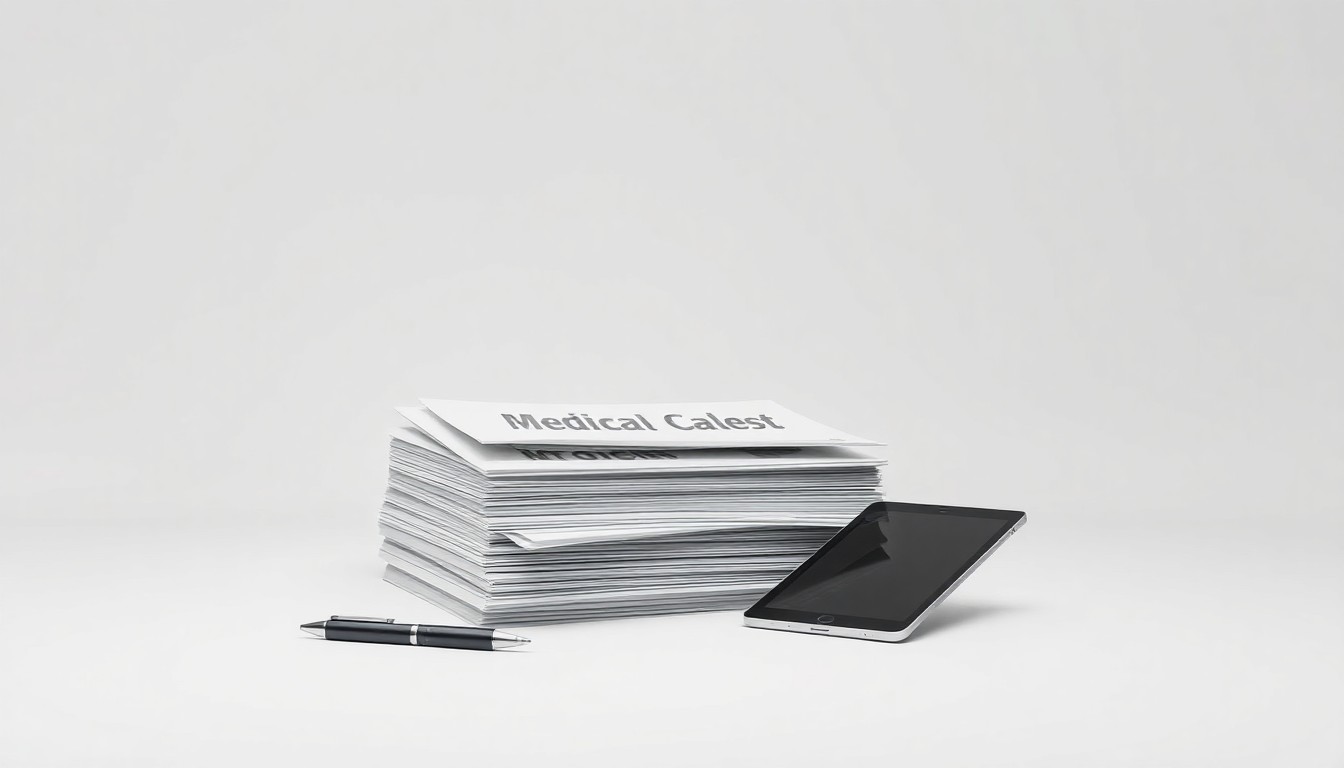 A minimalist, photorealistic studio still life featuring a stack of medical files, a pen, and a tablet device on a clean, monochromatic background, symbolizing the streamlining of the prior authorization process through technology and data-driven insights.
