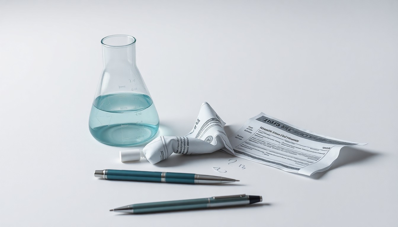 A photorealistic studio still life featuring a broken glass beaker, a crumpled financial document, and a broken pen on a clean, monochromatic background, conceptually representing the breakdown of trust and transparency in the pharmaceutical industry.