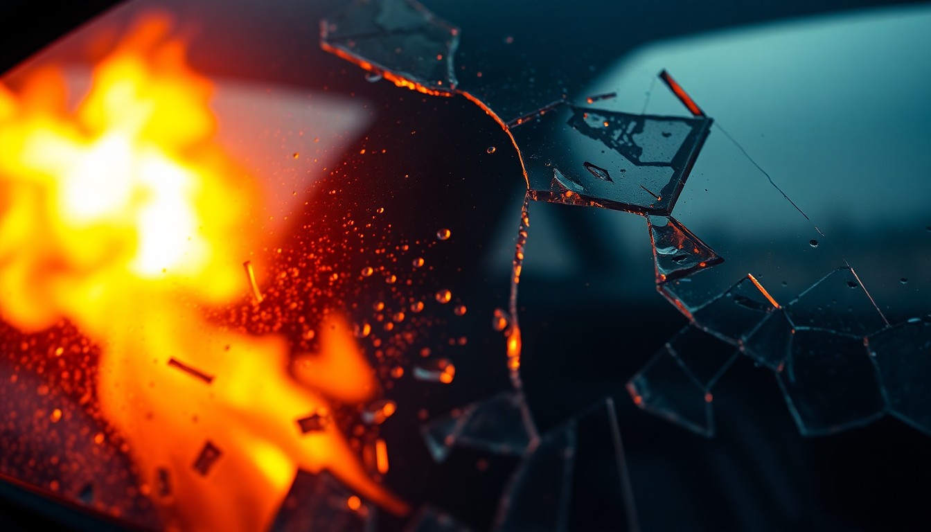 An abstract close-up photograph of a shattered car window reflecting an intense orange flame, conveying the dramatic aftermath of a serious vehicle fire.