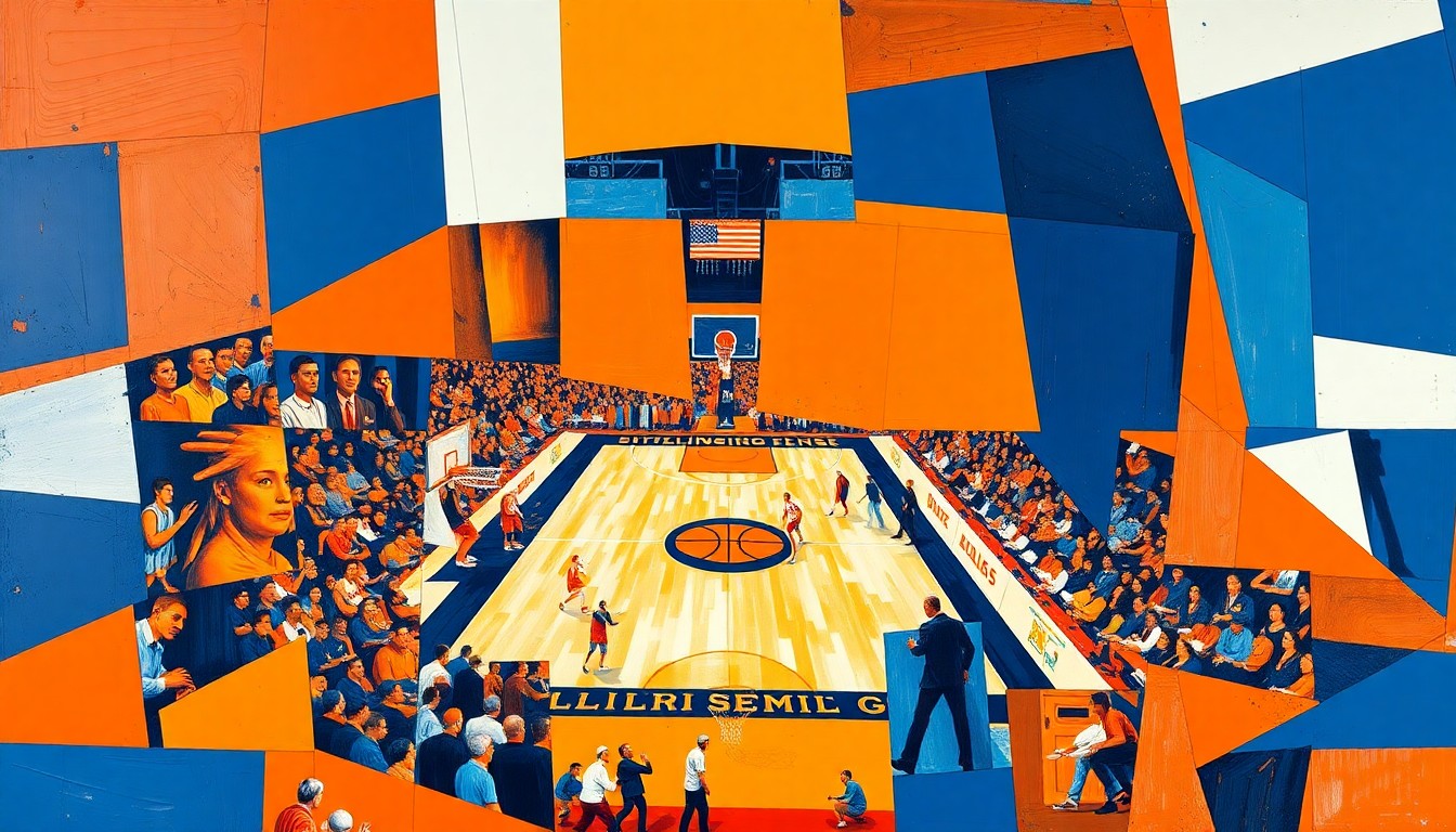 A fractured, cubist-style painting depicting the energy and movement of a college basketball game, with sharp geometric shapes in the team colors of the Illinois Fighting Illini.