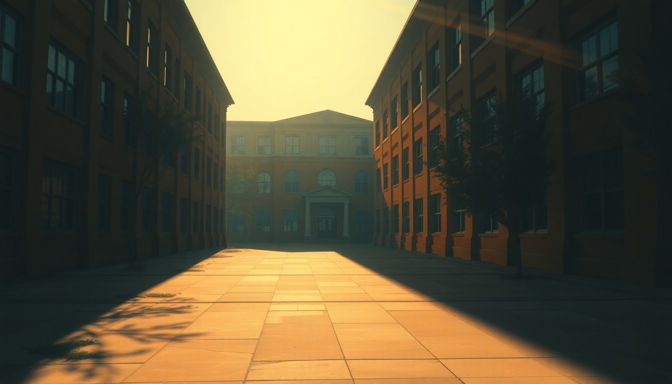 A serene, cinematic painting of a stately university building surrounded by trees, with warm sunlight casting long shadows across the grounds, conveying a sense of change and contemplation.