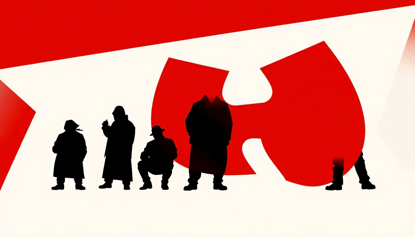 An abstract illustration featuring bold, geometric shapes in high-contrast red and black, conceptually representing the Wu-Tang Clan's groundbreaking musical and visual impact on hip-hop culture.