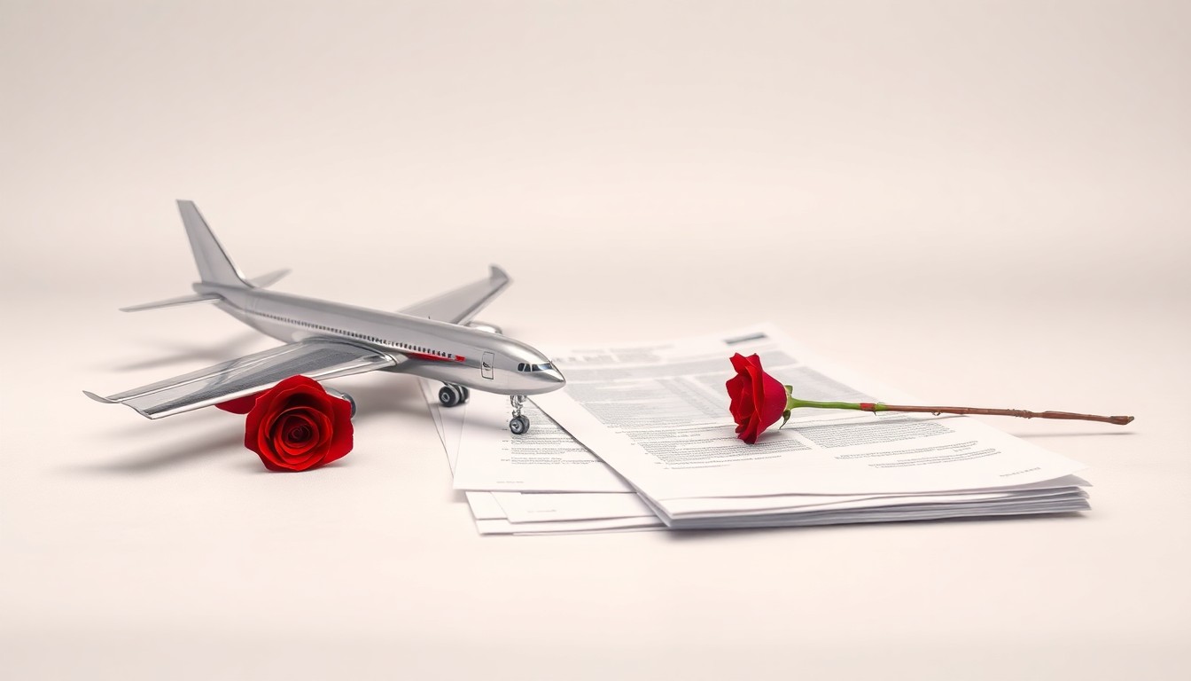 A photorealistic studio still life featuring a polished metal airplane model, a stack of financial reports, and a single red rose, symbolizing the abstract concepts of corporate strategy, finance, and the fragility of the airline industry.