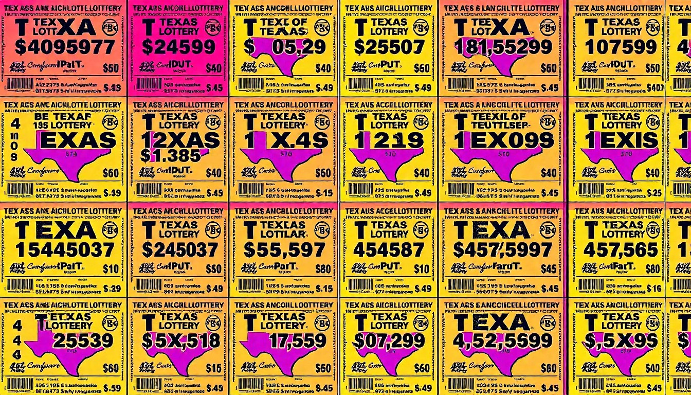 A highly stylized, abstract grid of brightly colored Texas Lottery scratch-off tickets, rendered in a bold, pop art silkscreen style that emphasizes the iconic imagery of the lottery game.
