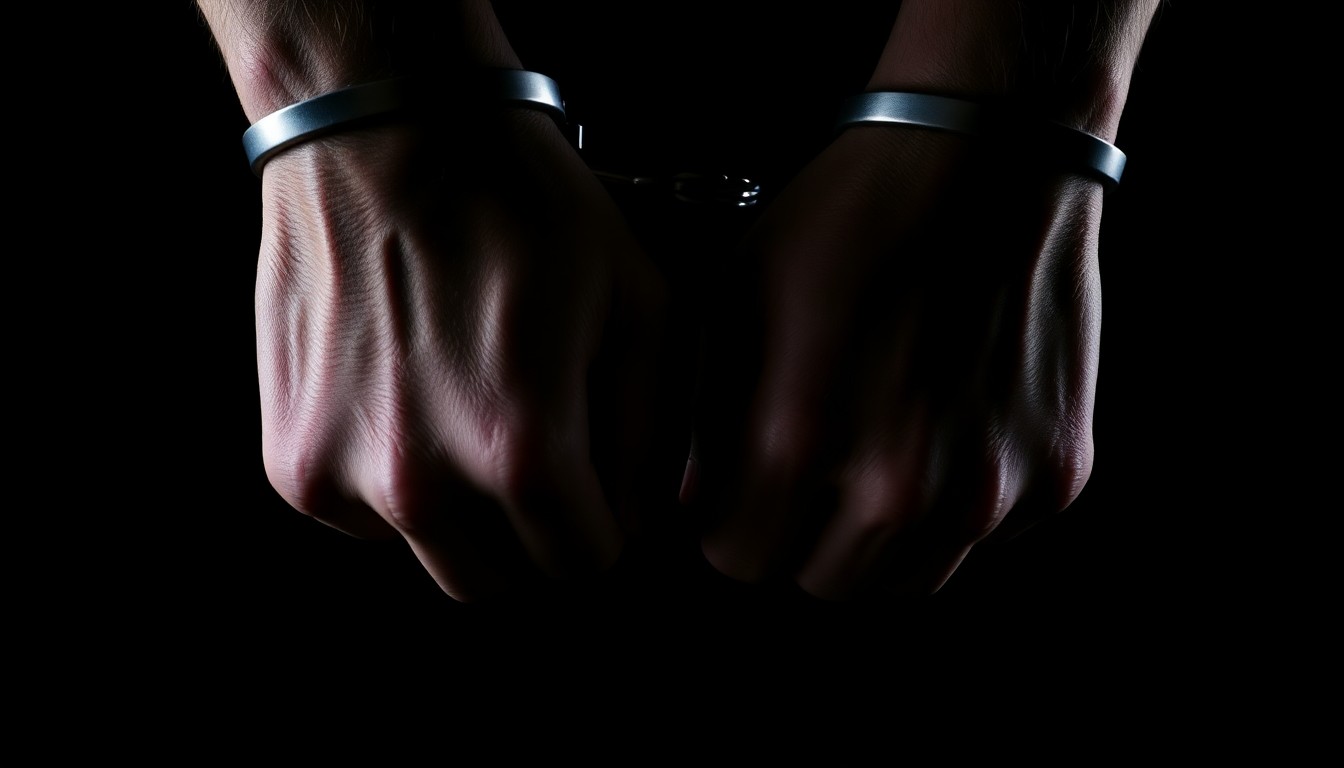 An extreme close-up photograph of a pair of handcuffed hands against a pitch-black background, creating a stark, dramatic image that conceptually represents the serious legal proceedings in this case.