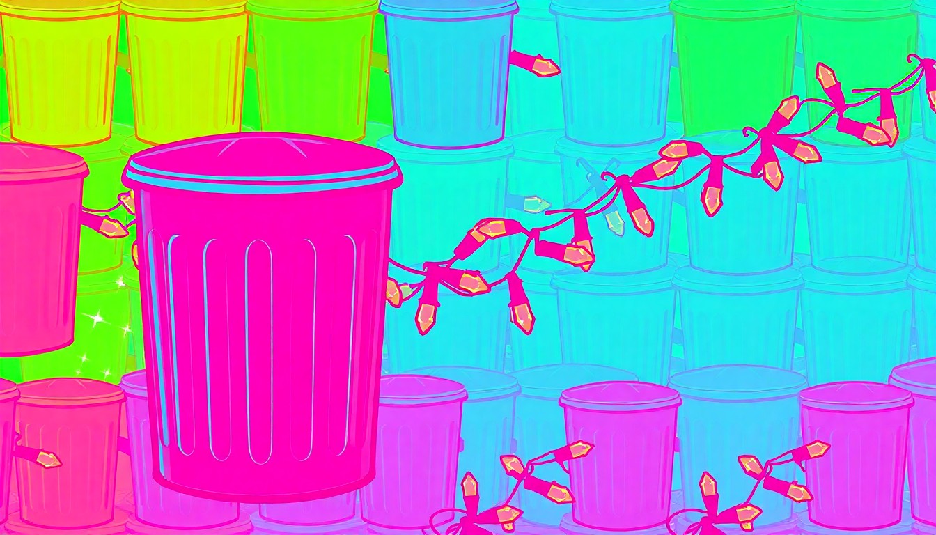 A brightly colored, high-contrast silkscreen print of a single, iconic trash can or holiday lights object repeated in a tight grid pattern, capturing the consumerist nature of HOA rules and the frustration of homeowners.