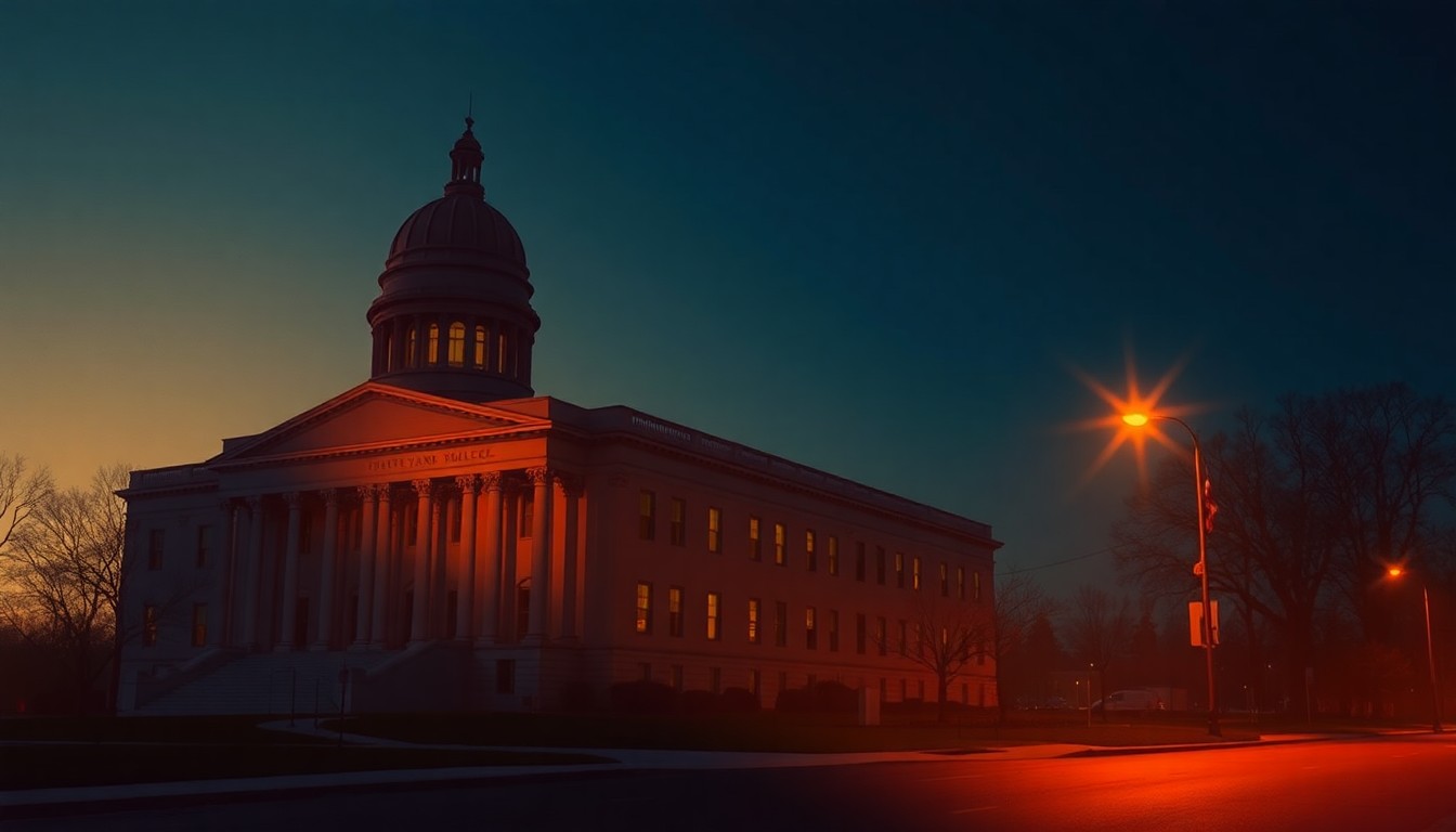 A serene, photorealistic painting of a stately state capitol building in Maryland, with the structure bathed in warm, golden sunlight and surrounded by deep shadows, conveying a sense of quiet contemplation about the state's political landscape.