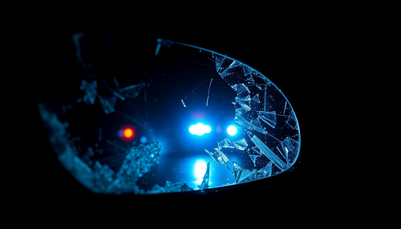 An extreme close-up photograph of a shattered car side mirror reflecting the flashing lights of a police vehicle, captured in harsh, direct flash lighting against a pitch-black background, conceptually representing the aftermath of a reckless driving incident.