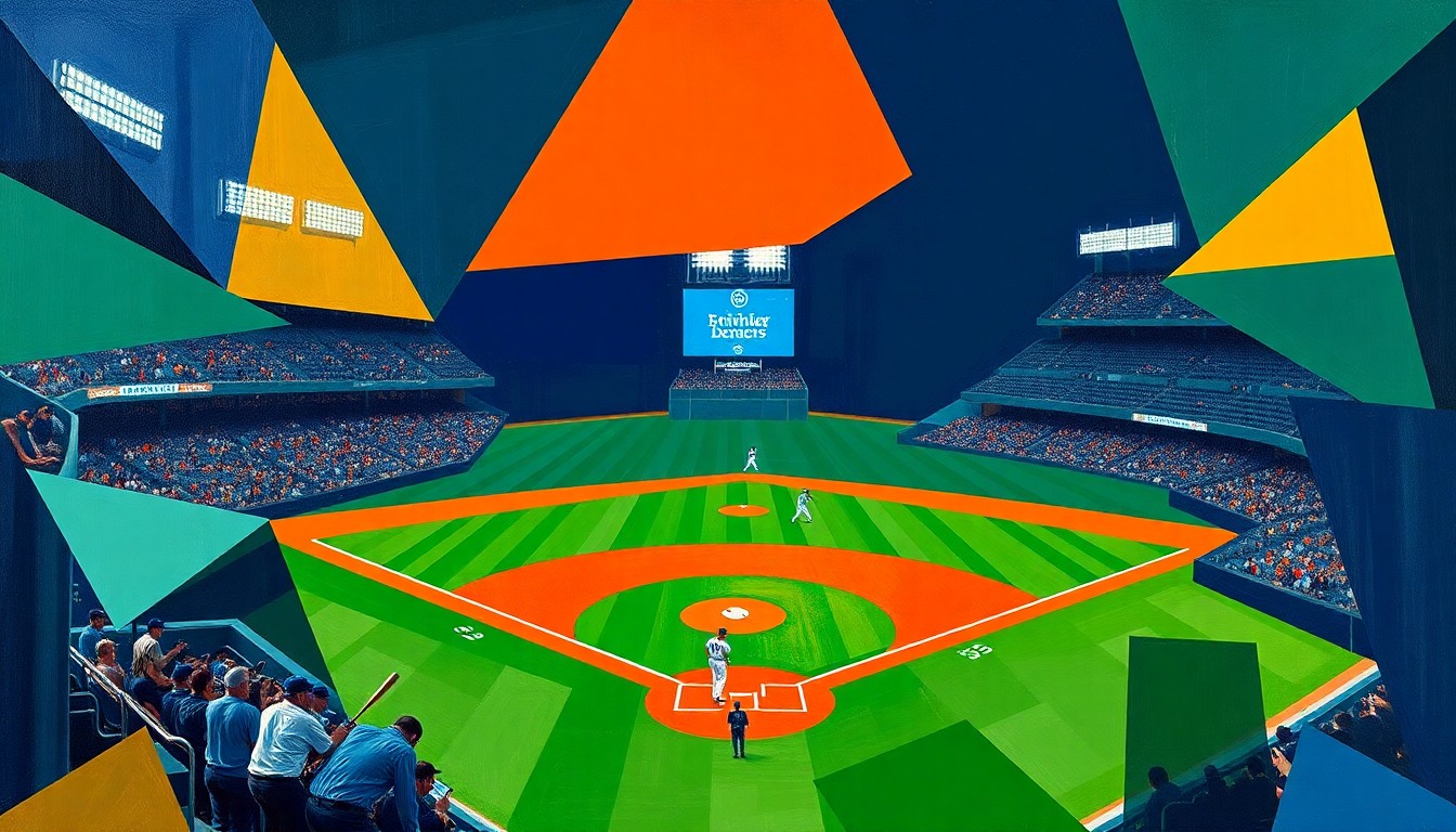 An abstract, geometric painting featuring overlapping shapes and planes in shades of blue, green, and orange, representing the chaotic action of a baseball game.