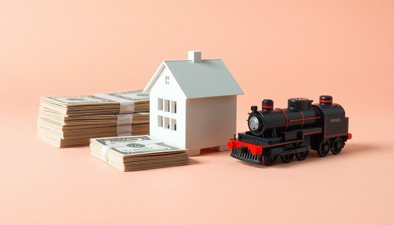 A photorealistic studio still life featuring a stack of dollar bills, a house-shaped piggy bank, and a model train engine, symbolizing a company's philanthropic investment in community programs.