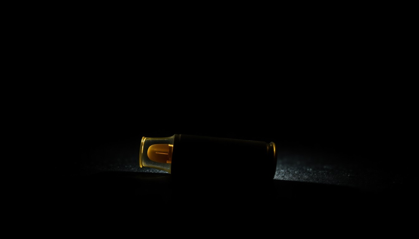An extreme close-up photograph of a spent bullet casing on the ground, lit by a harsh, direct camera flash against a pitch-black background, conceptually illustrating the gritty aftermath of a shooting in a downtown urban setting.