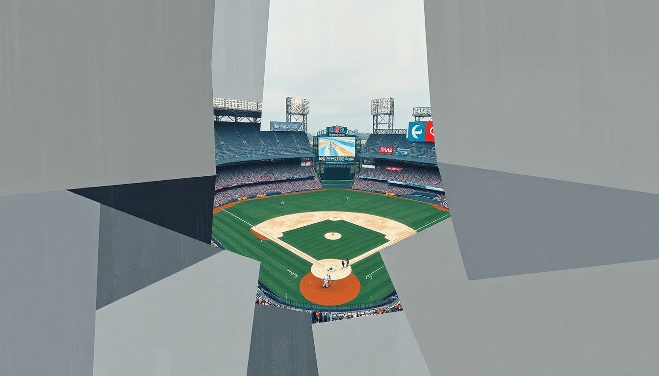 A fragmented, geometric painting in muted colors depicting an abstract scene of a baseball stadium, with sharp, overlapping planes representing the chaos and uncertainty surrounding a fan's fall.