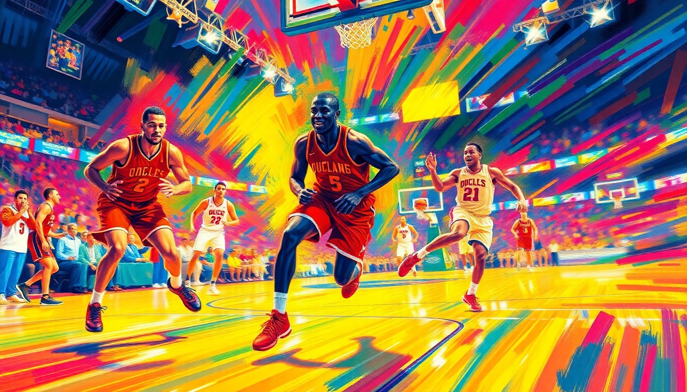An abstract, expressionist painting in vibrant neon colors depicting the dynamic motion and energy of a college basketball game, with figures of players dissolving into the background.