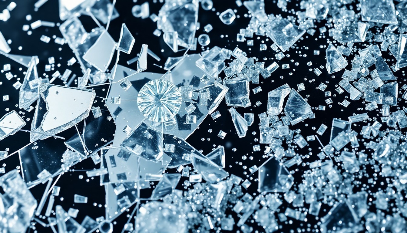 An abstract close-up image of shattered glass and glittering sequins, conveying the fragmented emotions and broken dreams of a celebrity divorce.